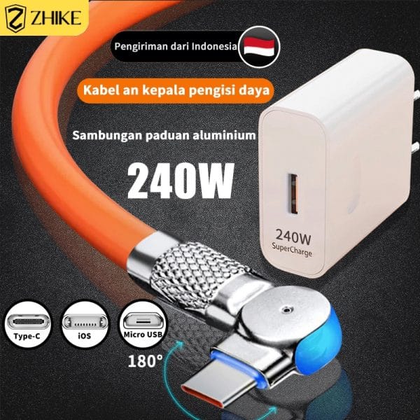 Kabel Data Type C Fast Charging Kabel Casan Tipe C Micro USB iOS Lightning dengan Adaptor 240W Rotasi 180° Panjang 1,5 Meter