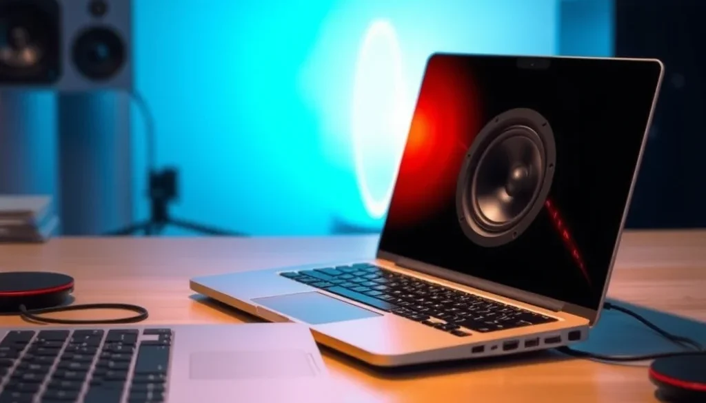 masalah suara speaker laptop - Illustration of laptop speaker troubleshooting showing sound waves and audio issues