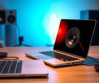 masalah suara speaker laptop - Illustration of laptop speaker troubleshooting showing sound waves and audio issues