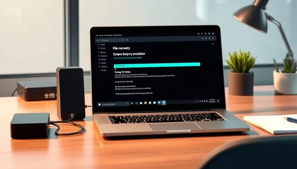 Layar laptop menampilkan proses cara mengembalikan file yang terhapus permanen di Windows di meja kerja kantor.