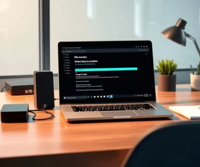 Layar laptop menampilkan proses cara mengembalikan file yang terhapus permanen di Windows di meja kerja kantor.